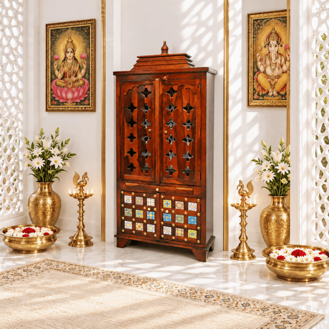 Traditional sheesham wood home mandir with drawer and storage box