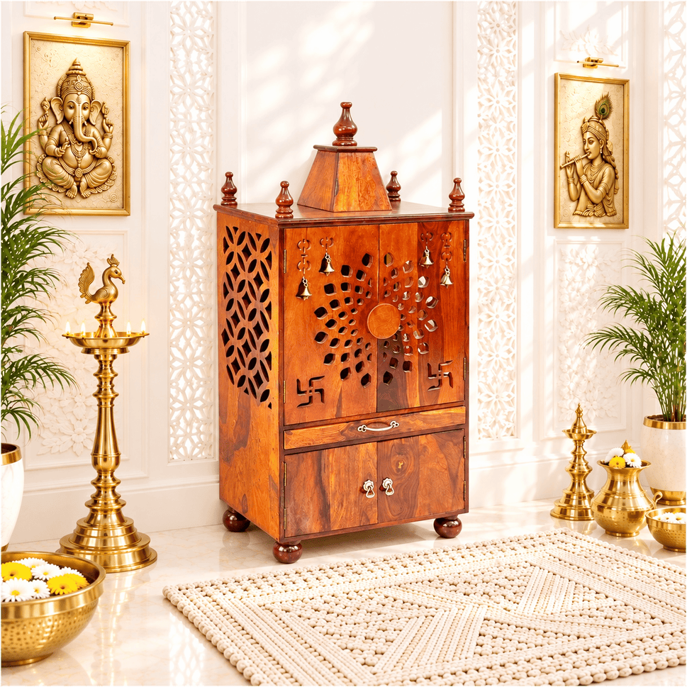 Wooden pooja home temple with door and storage box