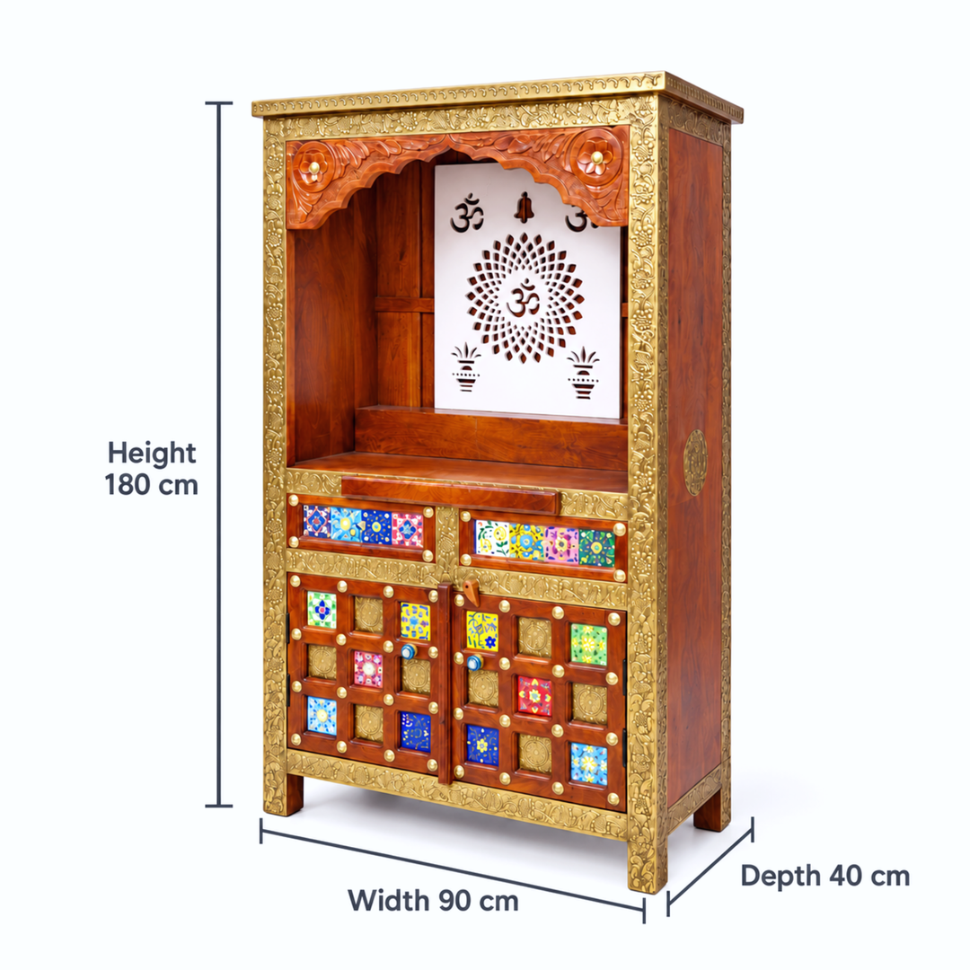 Handmade Mango Wood Temple Cabinet with Om and Diya Cutwork