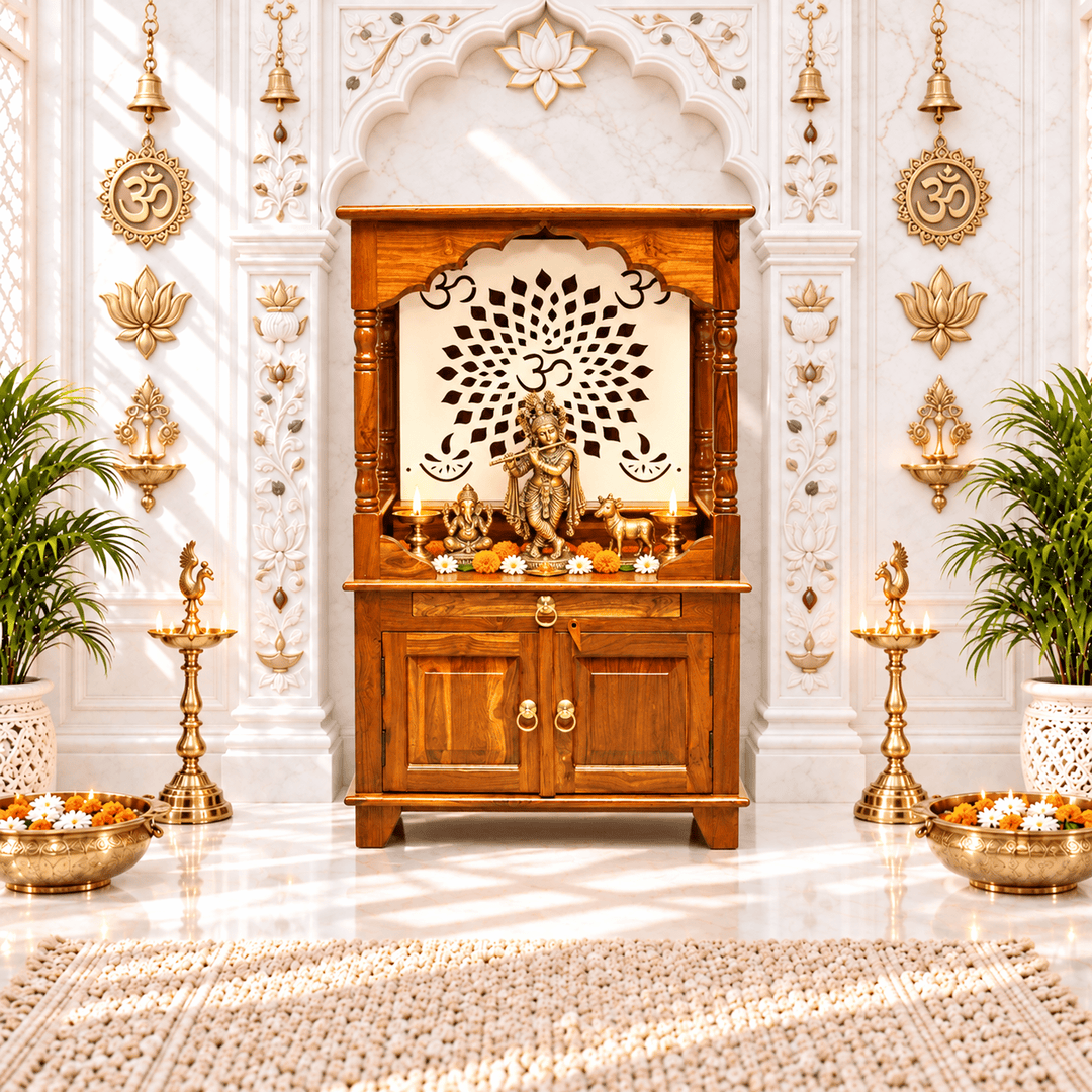 معبد منزلي من الخشب الصلب مع رف وباب