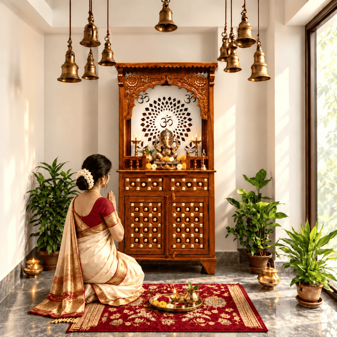 South Indian Classic Mango Wood Home Mandir with Brass Inlay Work