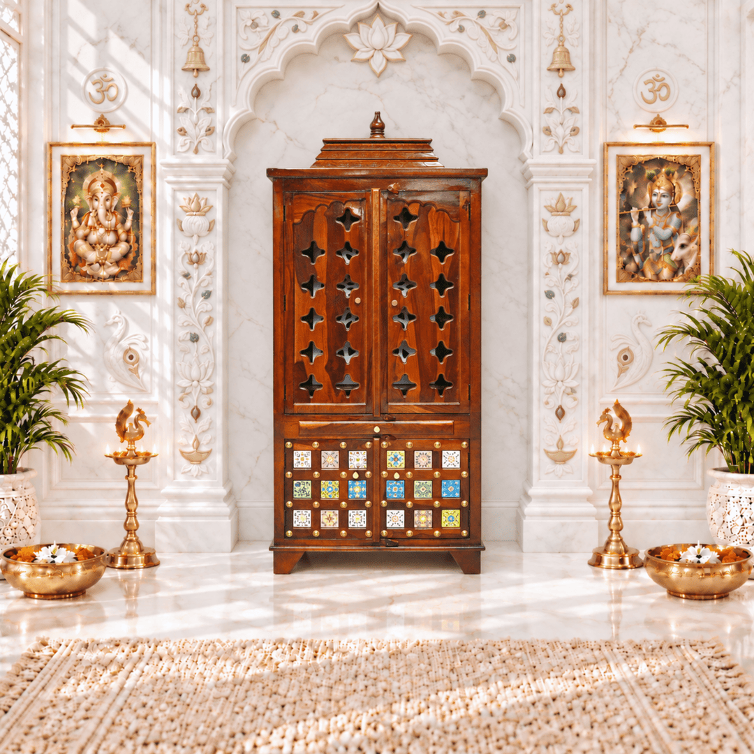 Traditional sheesham wood home mandir with drawer and storage box