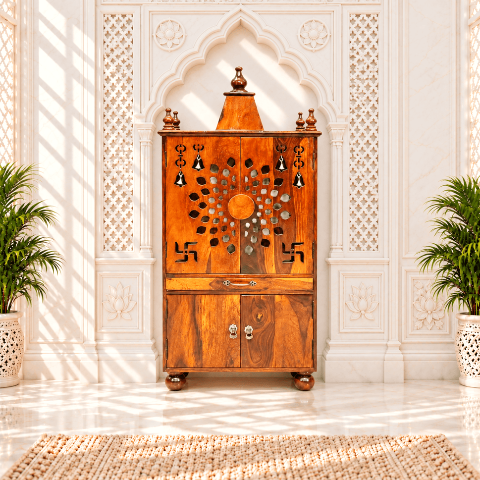 Wooden pooja home temple with door and storage box