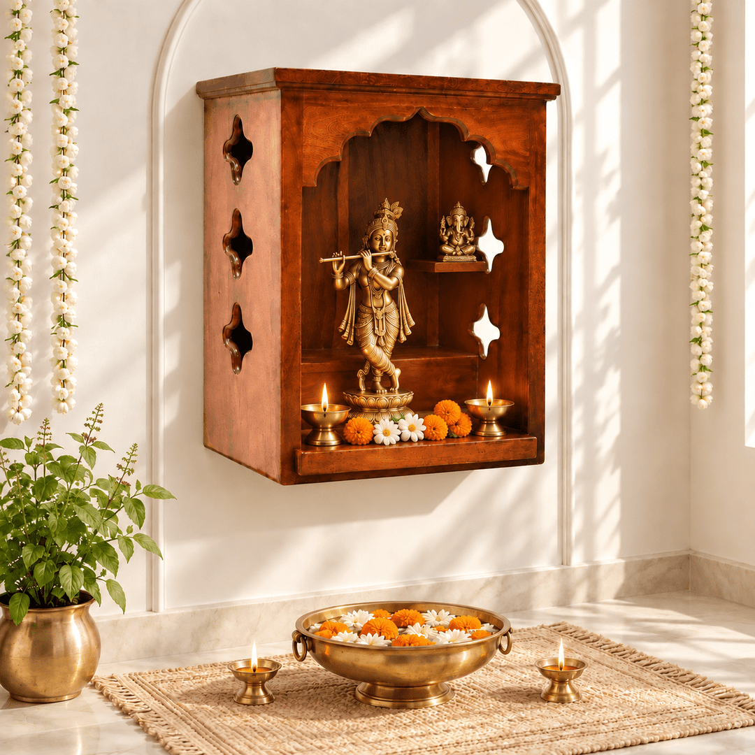 Organic Indian Wood Wall-Mounted Home Prayer Temple