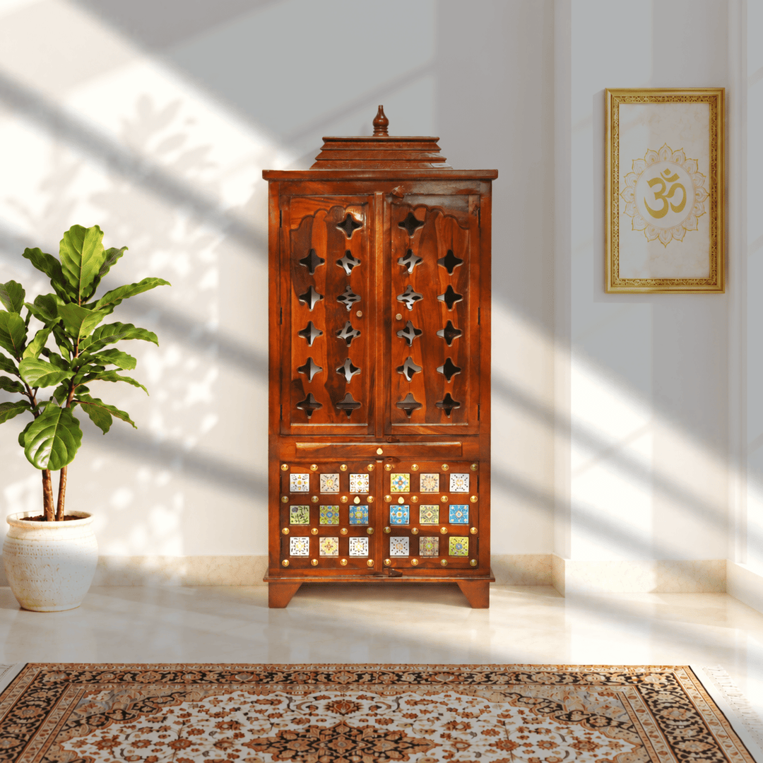 Traditional sheesham wood home mandir with drawer and storage box