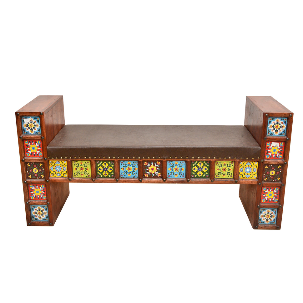 Real sheesham wood bench with hand tiles work