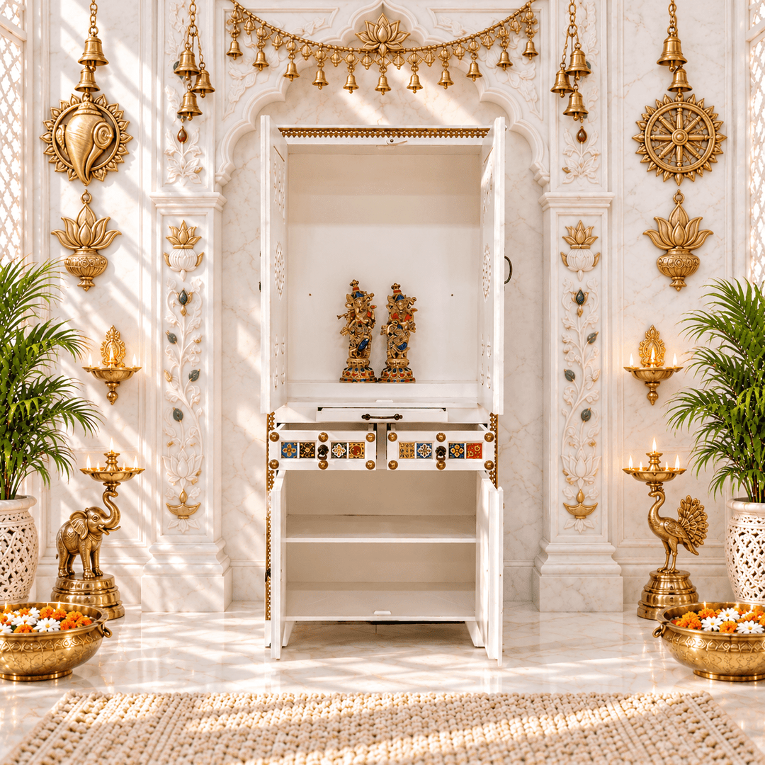 Pooja Temple with white color with tiles fitted