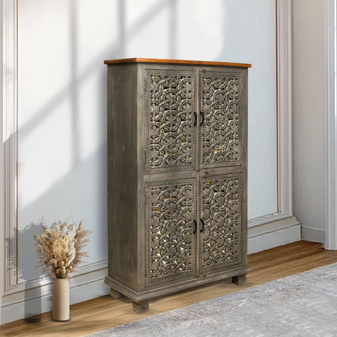 Premium Hand Cut Work hardwood storage Cabinet with antique finish
