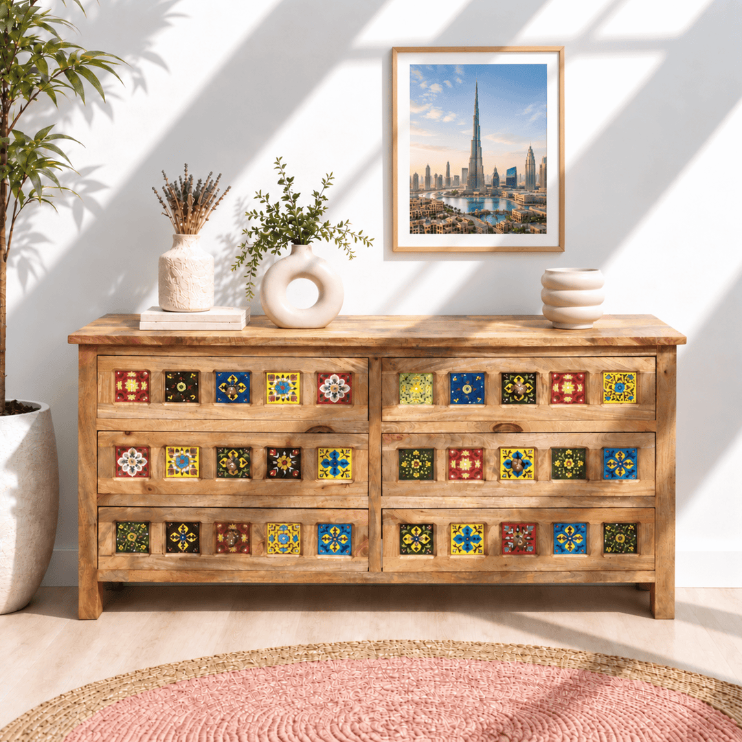 Elara Artisan Tile Solid Mango Wood Chest – 6-Drawer Storage Dresser