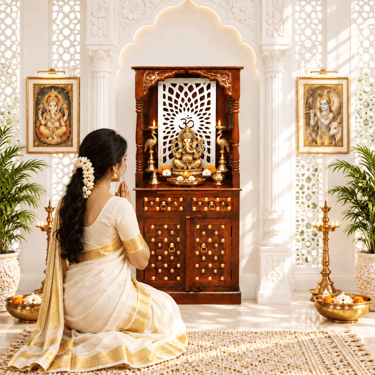 Freestanding Mango Wood Home Temple With Drawers & Cupboard