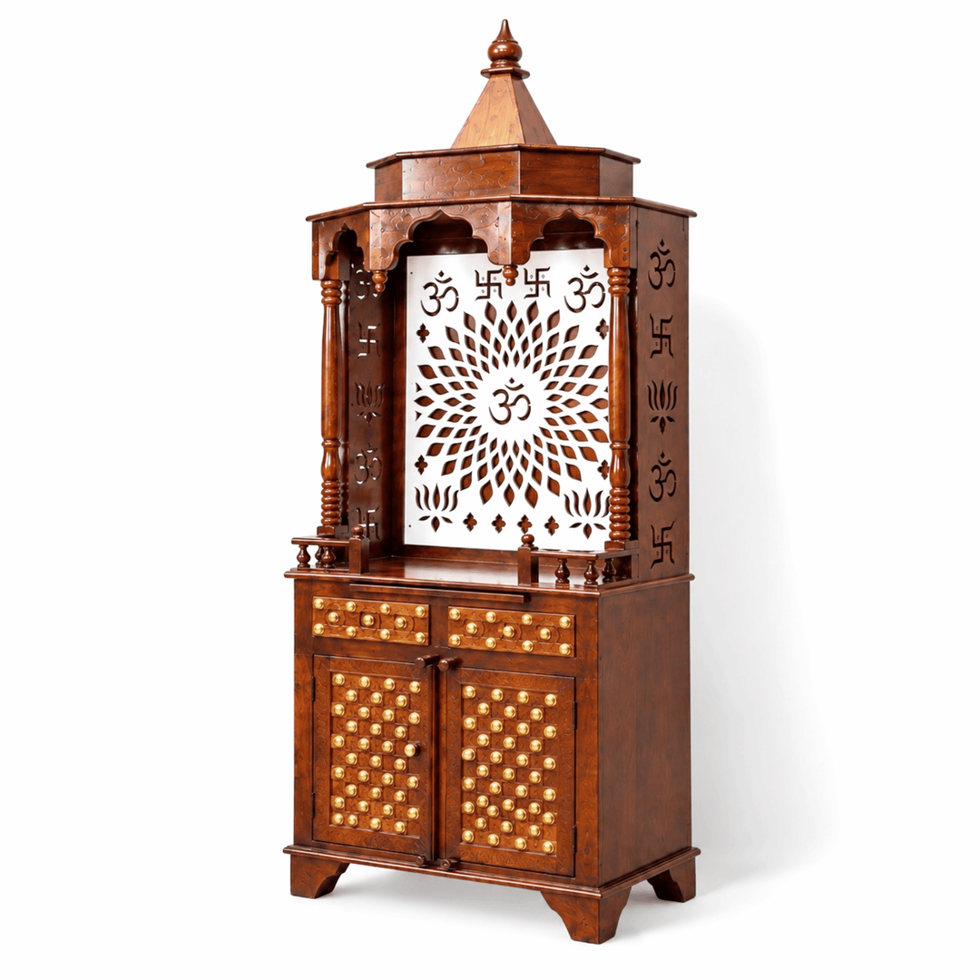 Premium Mango Wood Brass Ornament Work Temple