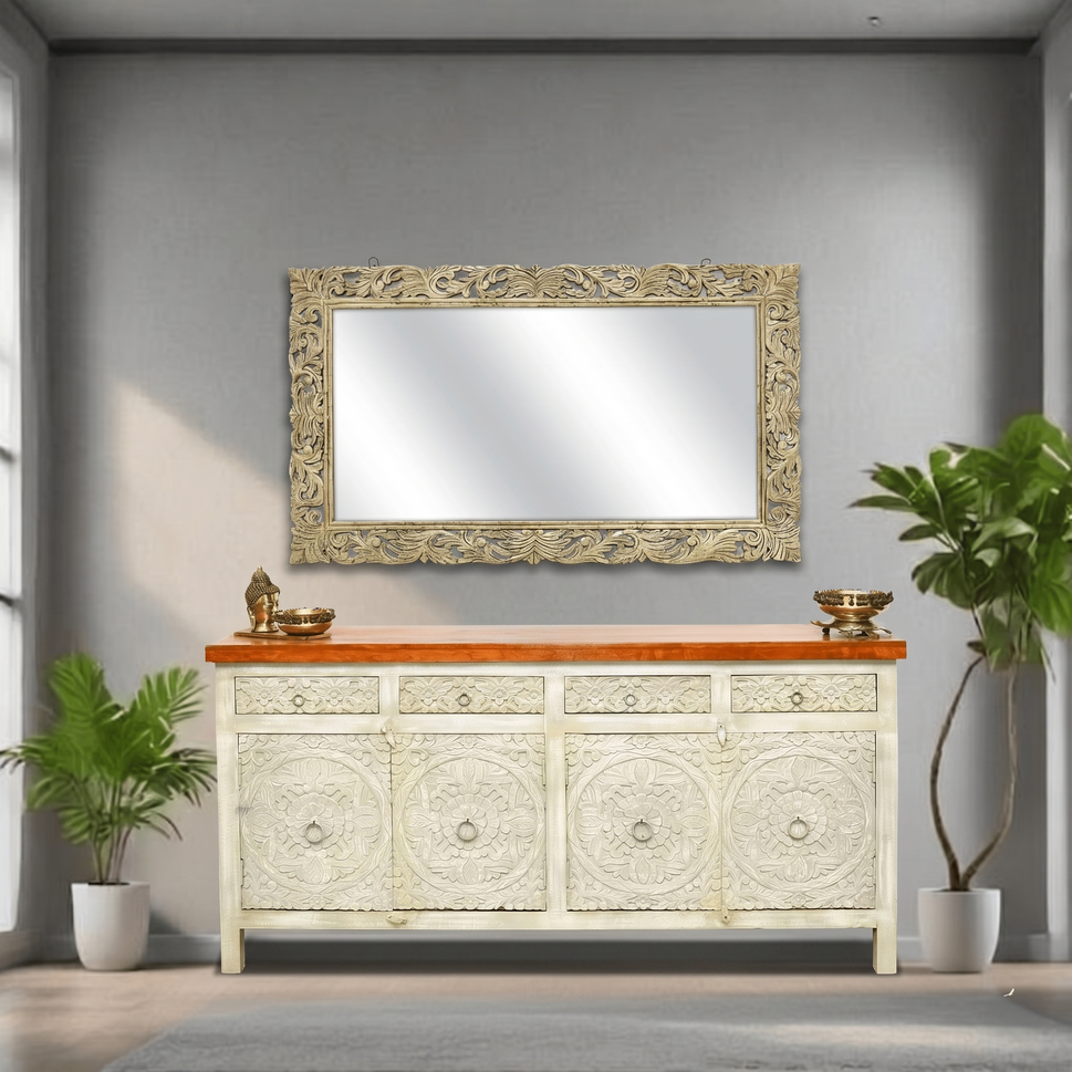 Boho Chic White Sideboard with Floral Medallion Doors