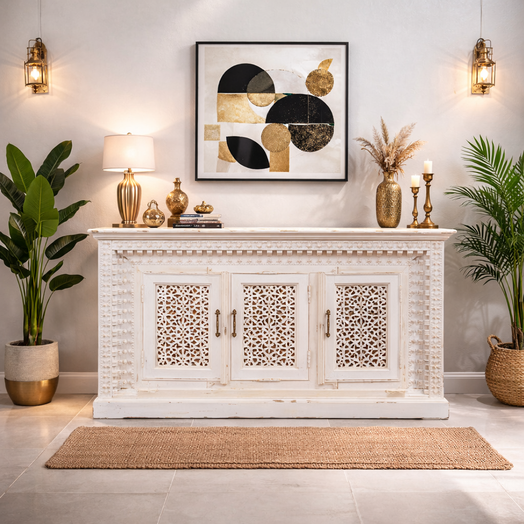 Handmade Indian wooden furniture, Lattice design wooden cabinet, Luxury storage credenza, UAE home décor furniture.