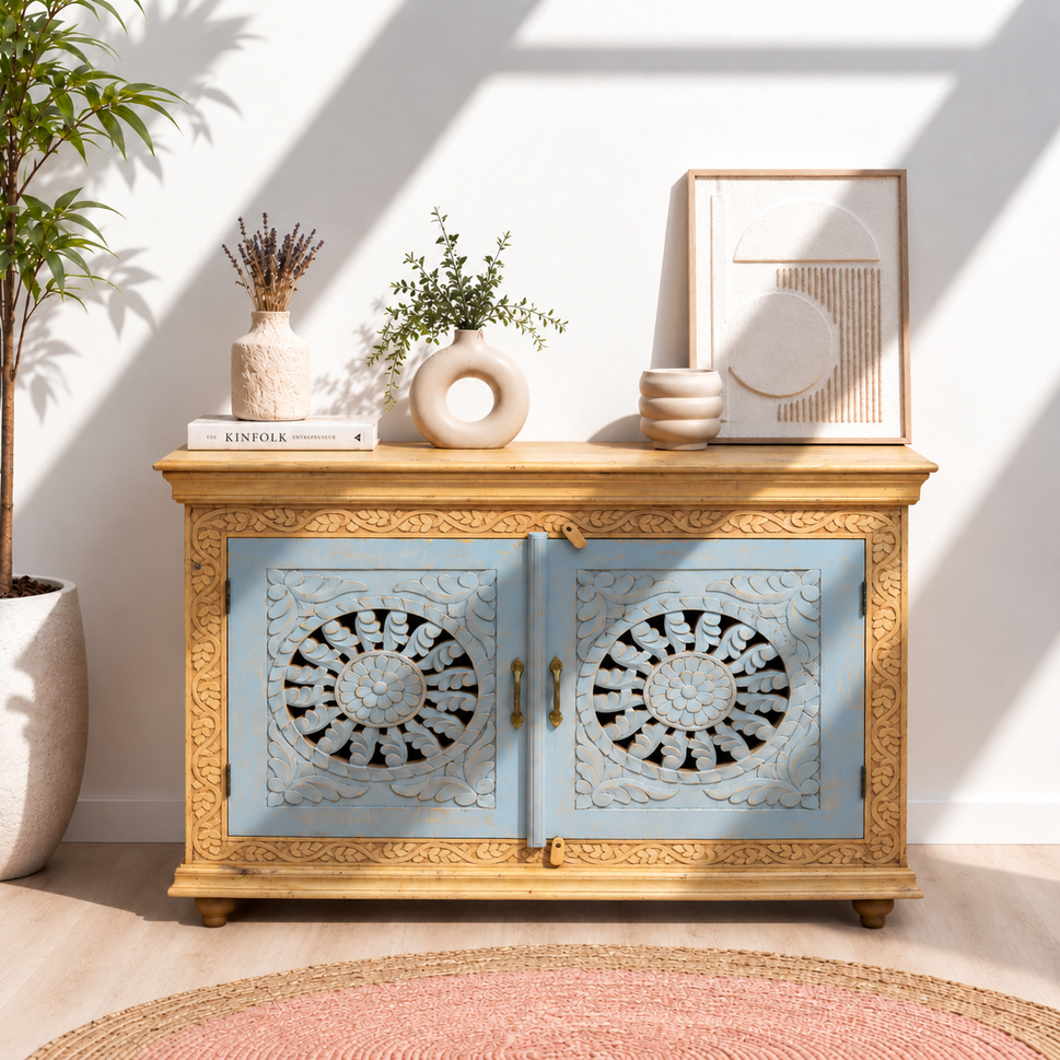 Unique Hand-Carved Mango Wood Sideboard for Villas and Homes