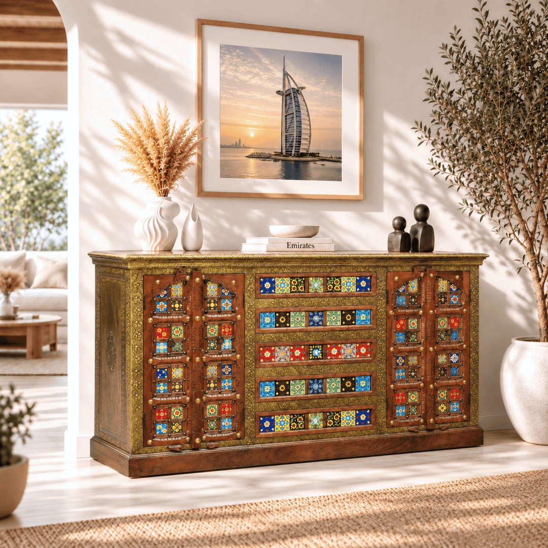 Elaurelia solid wood credenza handmade brass inlay with four doors and five drawers