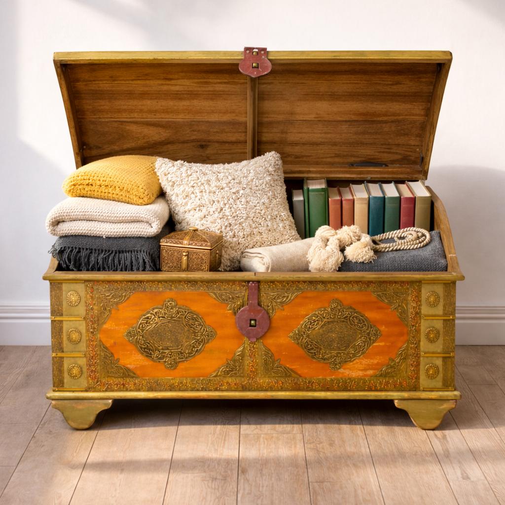 صندوق تخزين خشبي مصنوع يدويًا بلمسة نهائية ريفية