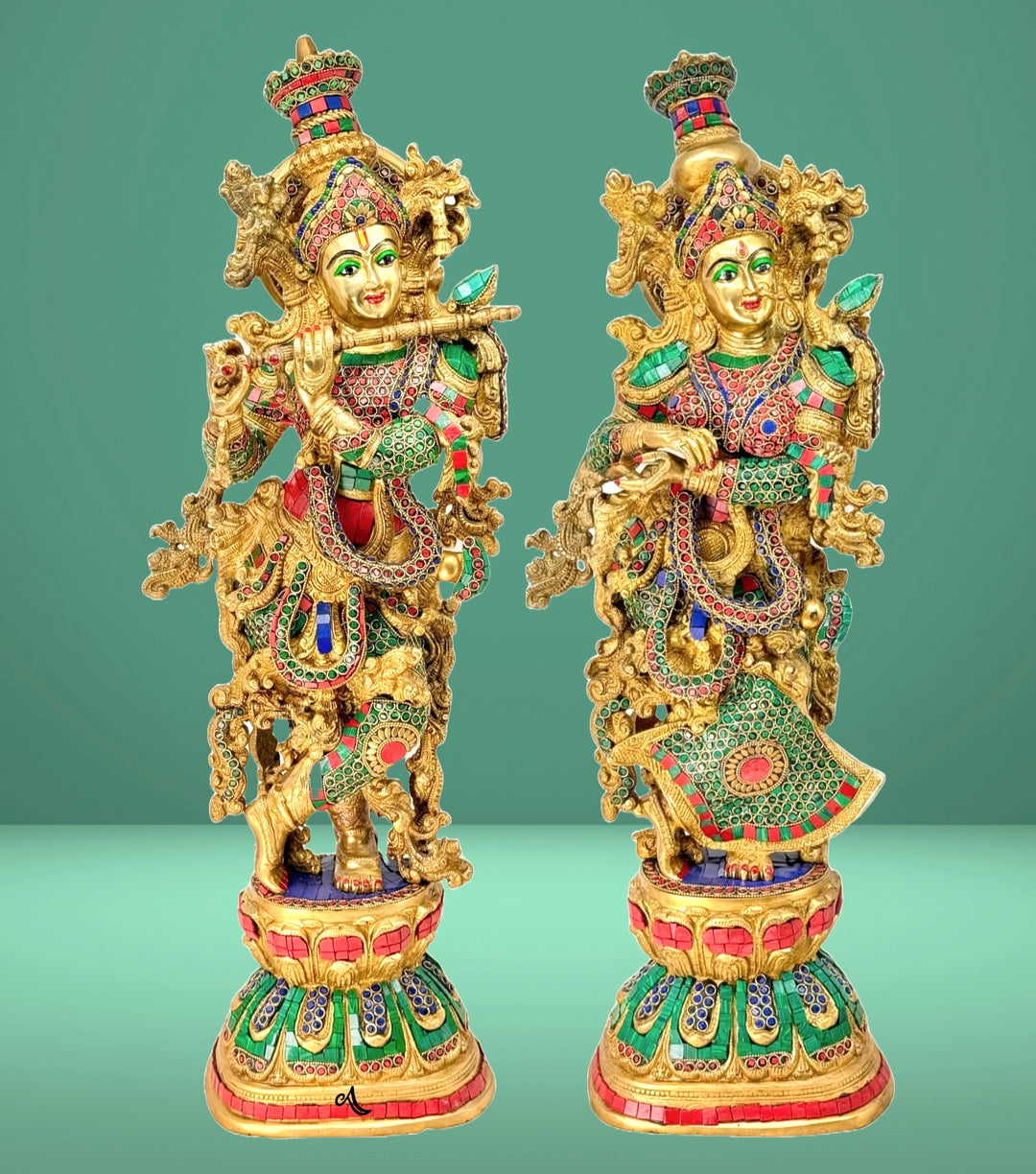 Handicrafted large Radha Krishna idol pair with brass antique finish