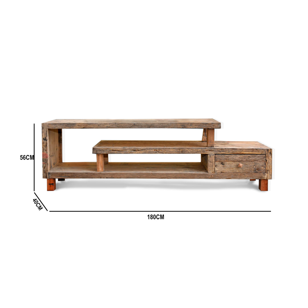 Railway Sleeper Wood 3-Shelf open TV Cabinet with Rust Finish – Dubai UAE