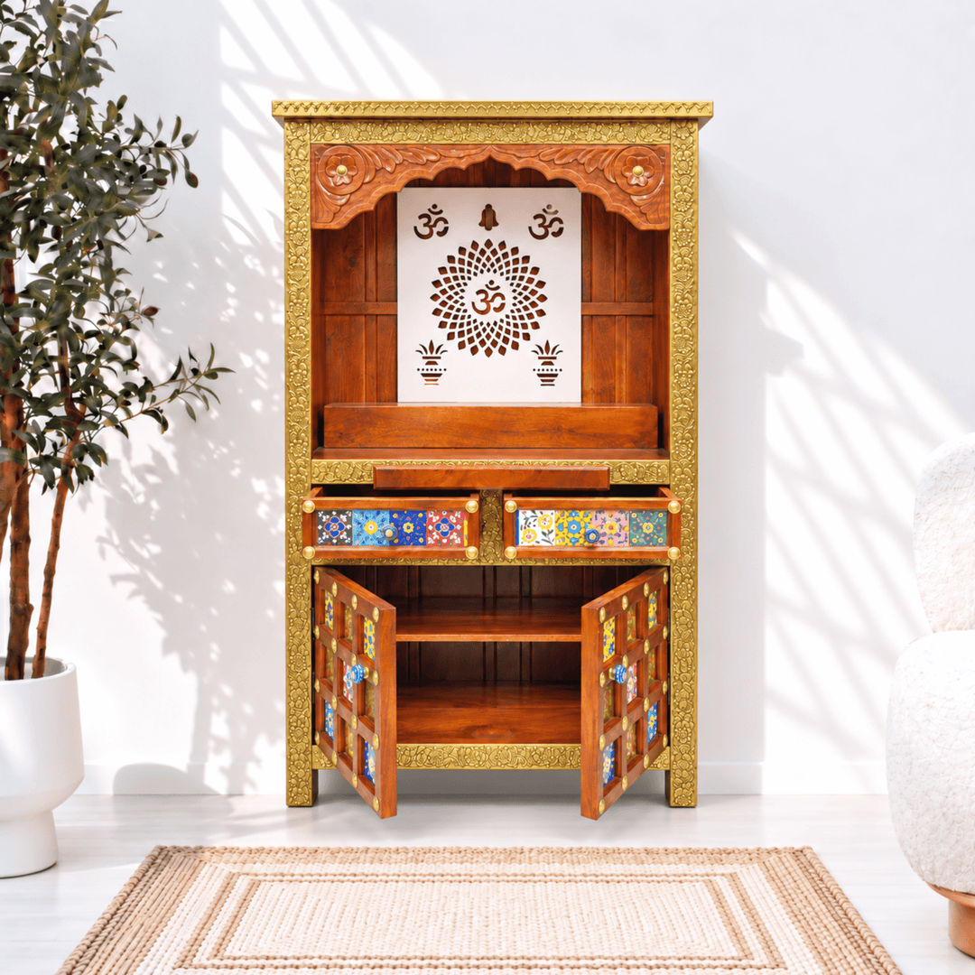 Handmade Mango Wood Temple Cabinet with Om and Diya Cutwork