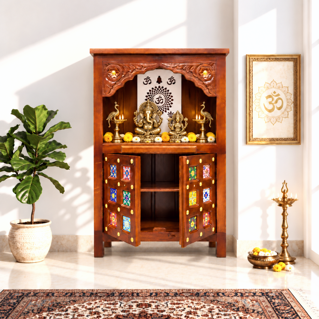 Mango Wood Pooja Mandapam with Om Design and Drawer