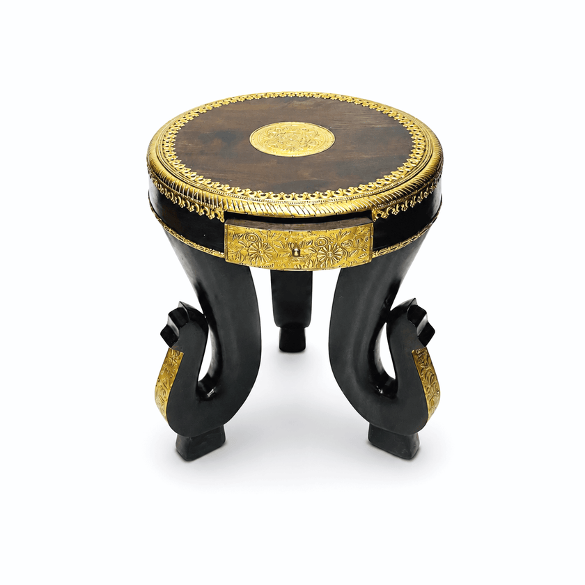 Indian wooden elephant leg table,Round wooden table with brass inlay,HandcraftedIndian wooden table,Brass fitted wooden table,Antique furniture store in Dubai,