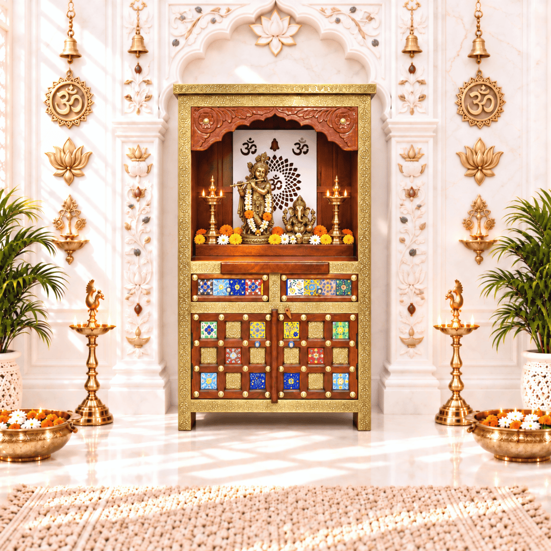 Handmade Mango Wood Temple Cabinet with Om and Diya Cutwork