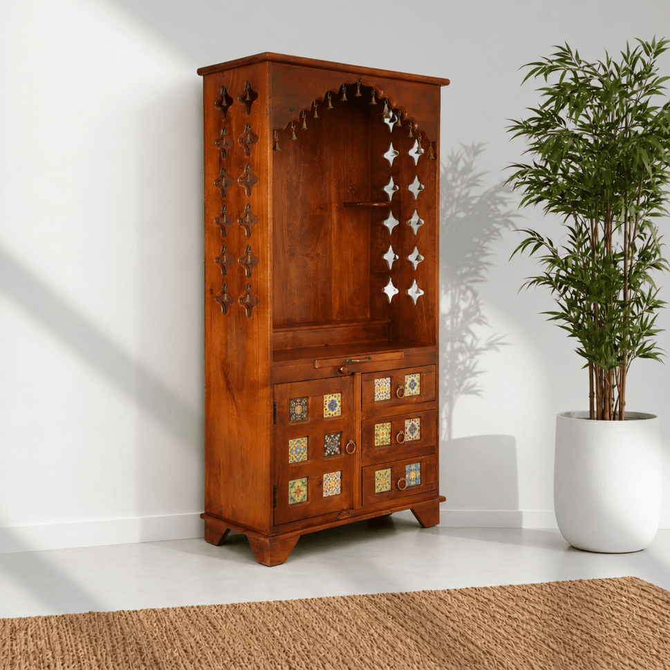 Handicrafted solid mango wood home temple with natural wood finish
