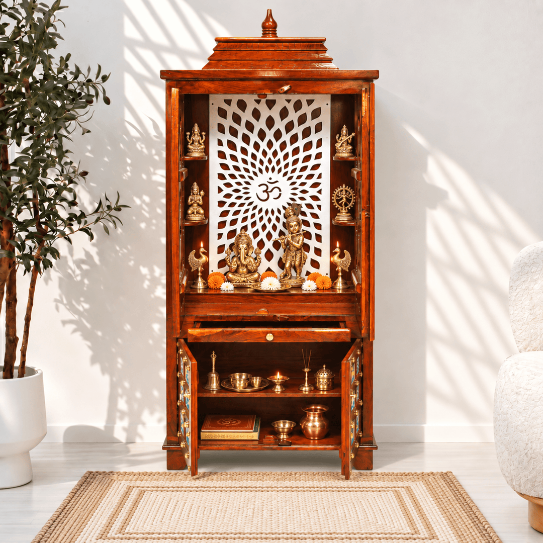 Traditional sheesham wood home mandir with drawer and storage box