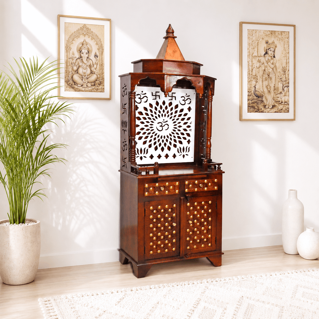 Premium Mango Wood Brass Ornament Work Temple