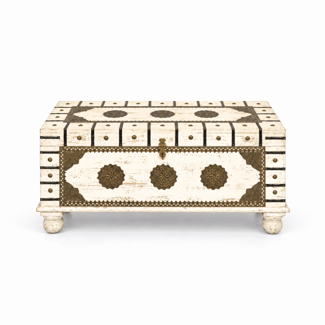 Indian Heritage Mango Wood Chest with White Rustic Finish