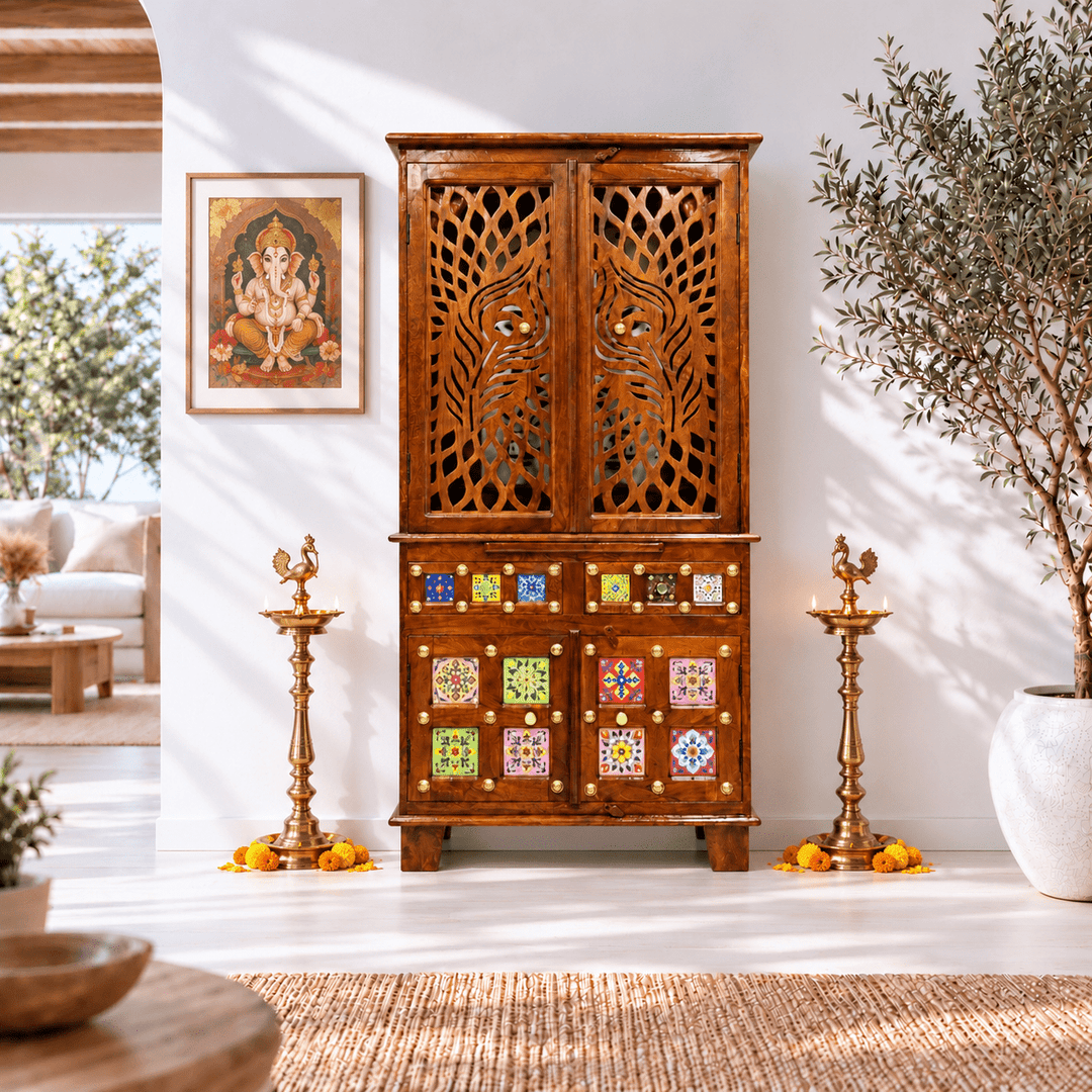 Handcrafted Mango Wood Home Temple with Carved Peacock Doors