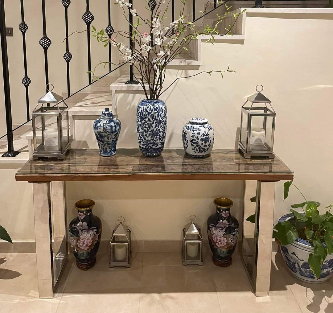Railway sleeper console table with Crome legs