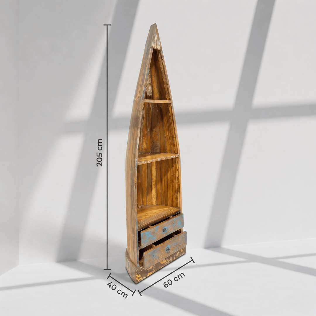 Vintage solid wood boat-shaped bookshelf with rustic finished