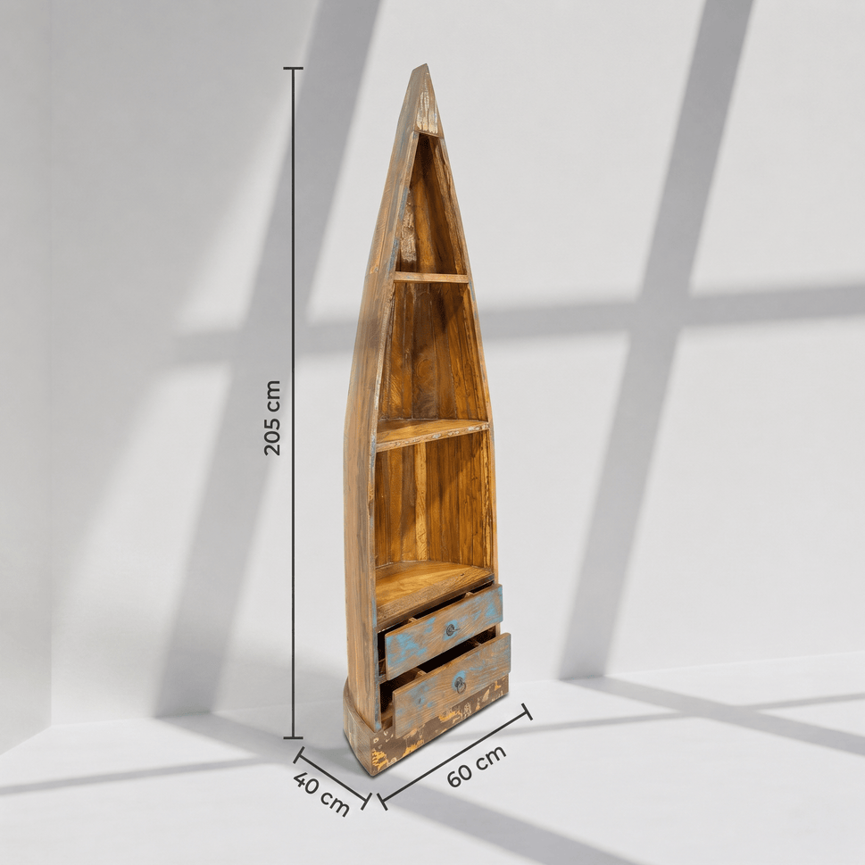 Vintage solid wood boat-shaped bookshelf with rustic finished