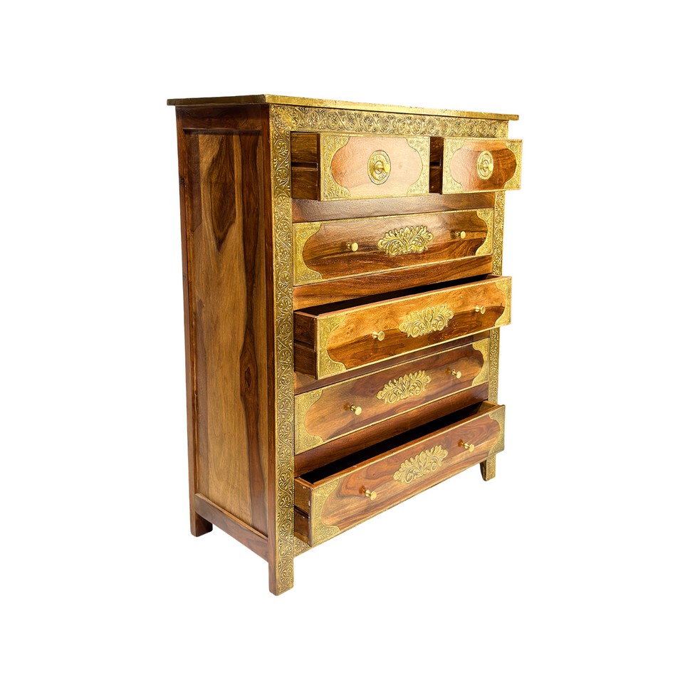 Wooden antique chest of drawer with decorative brass