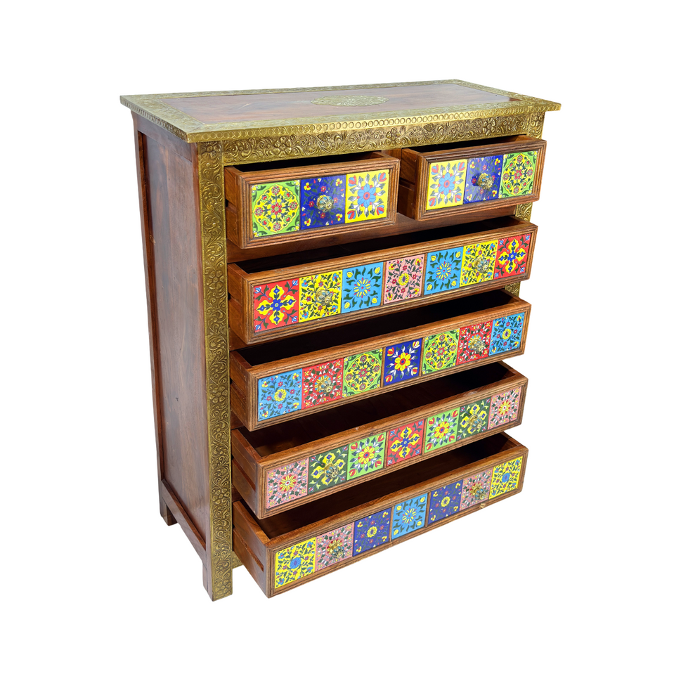 Wooden handicrafted chest of drawer with ceramics tiles