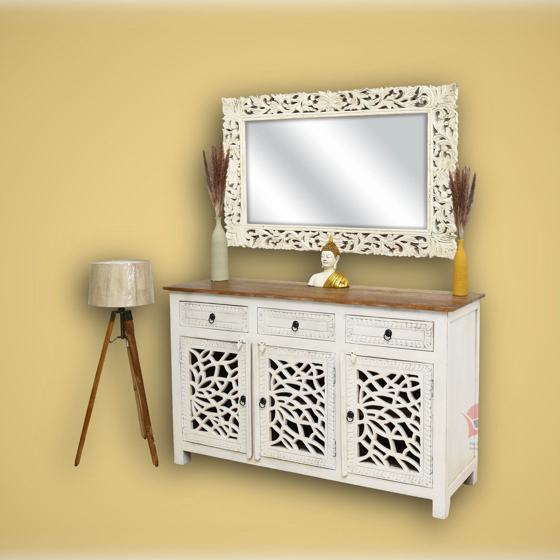 Solid wood sideboard with 3 drawer & 3 door with white finish