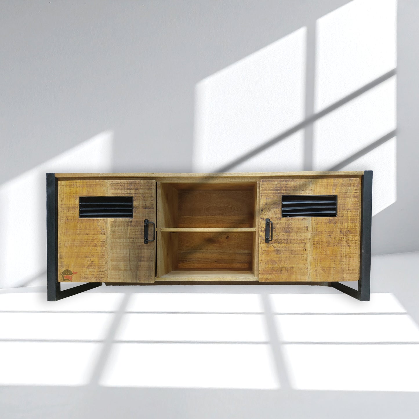 Industrial style tv console table with metal stand with 2 doors