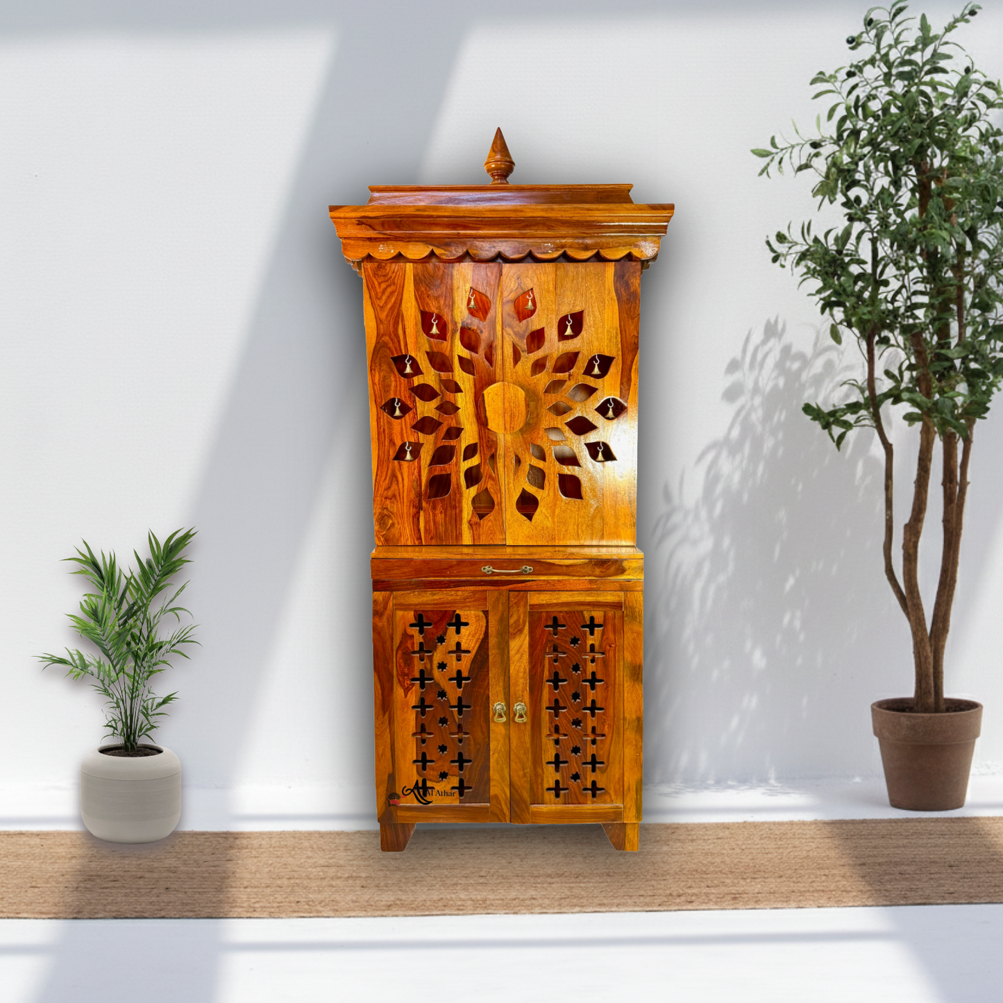 Solid wood Home Mandir with shelve with door