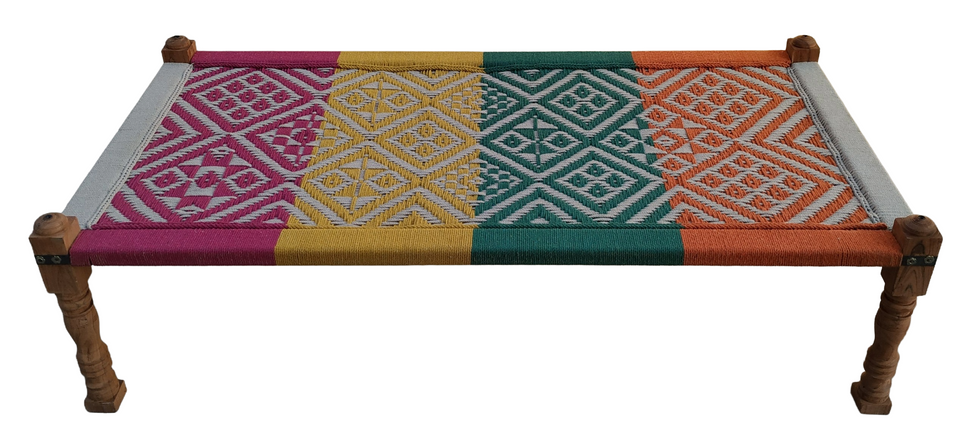 Indian traditional khaat with wooden frame with multi color weaving