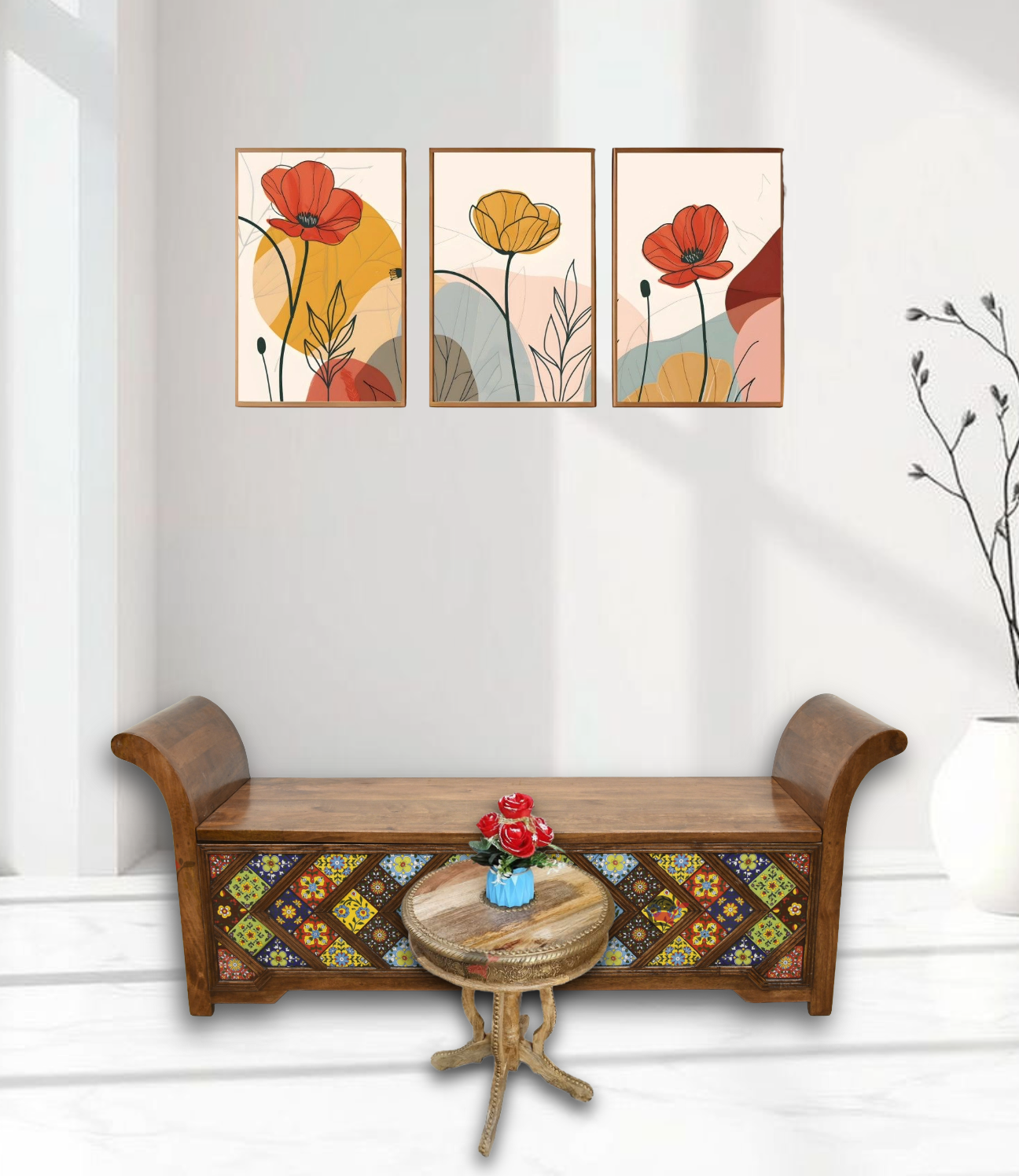 Solid sheesham wood sofa chair with hand tiles work