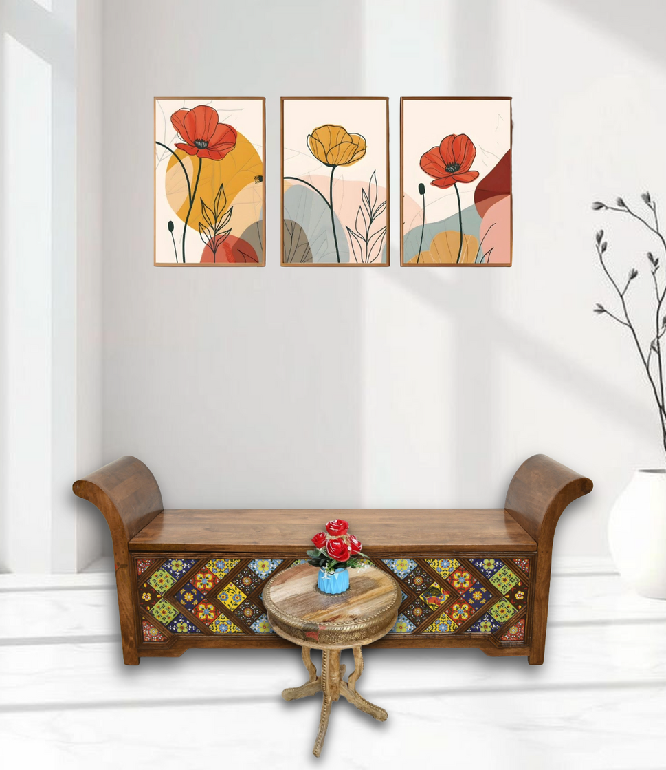 Solid sheesham wood sofa chair with hand tiles work