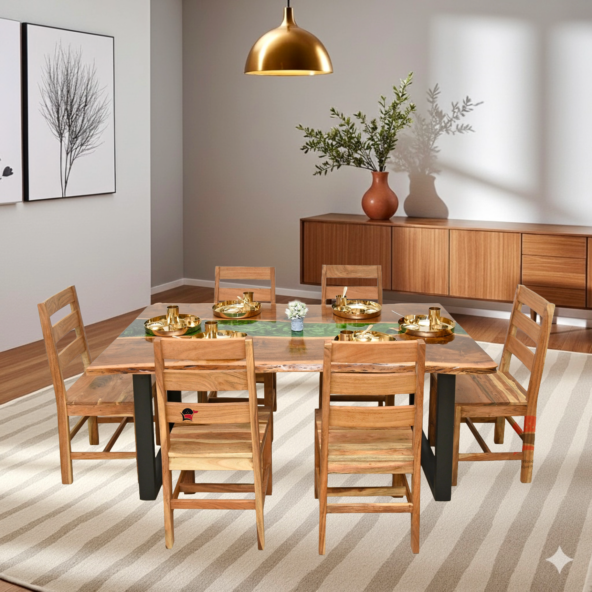 Solid wood dining table set with resin insert with 6 chair