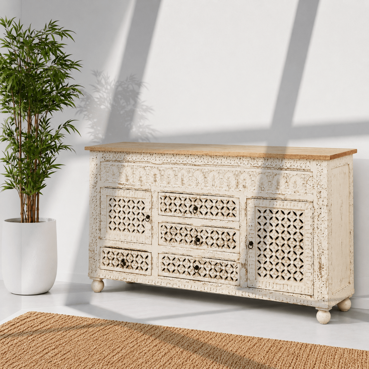 Nova Vintage hand Carved Credenza side cabinet