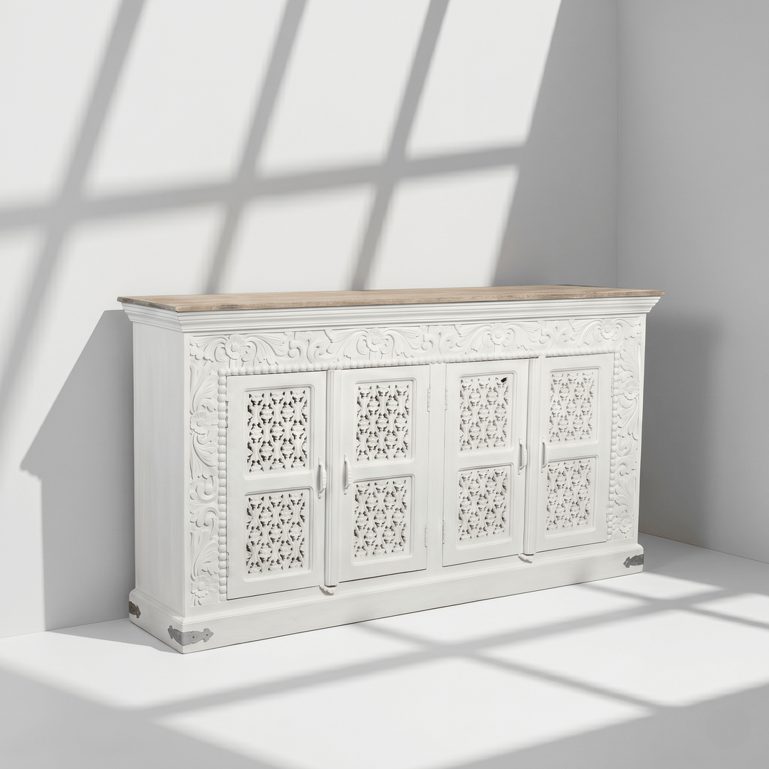 Solid mango wood hand carved 4 doors sideboard cabinet - rustic store console