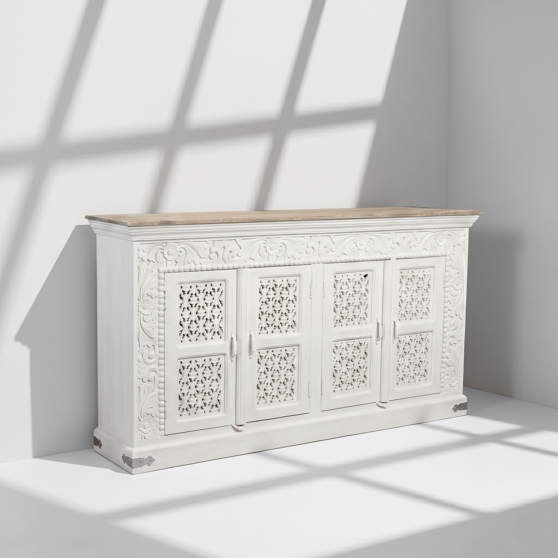 Solid mango wood hand carved 4 doors sideboard cabinet - rustic store console