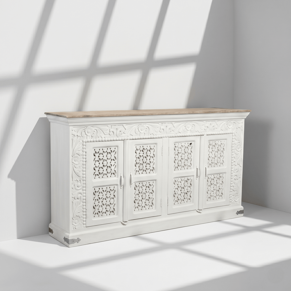 Solid mango wood hand carved 4 doors sideboard cabinet - rustic store console