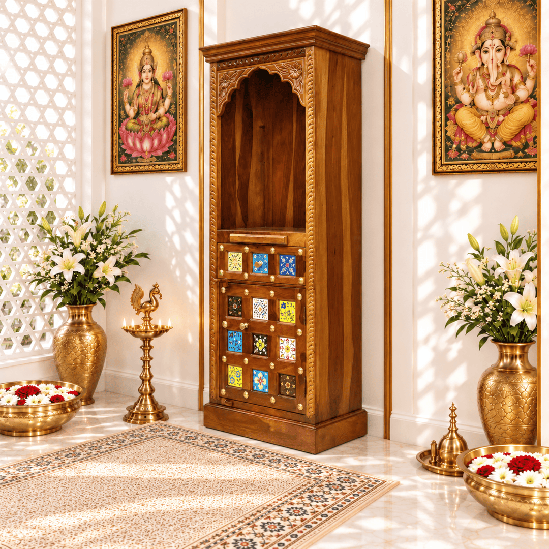 Narrow Solid Rosewood Pooja Mandir with Tile Work and Storage Cupboard