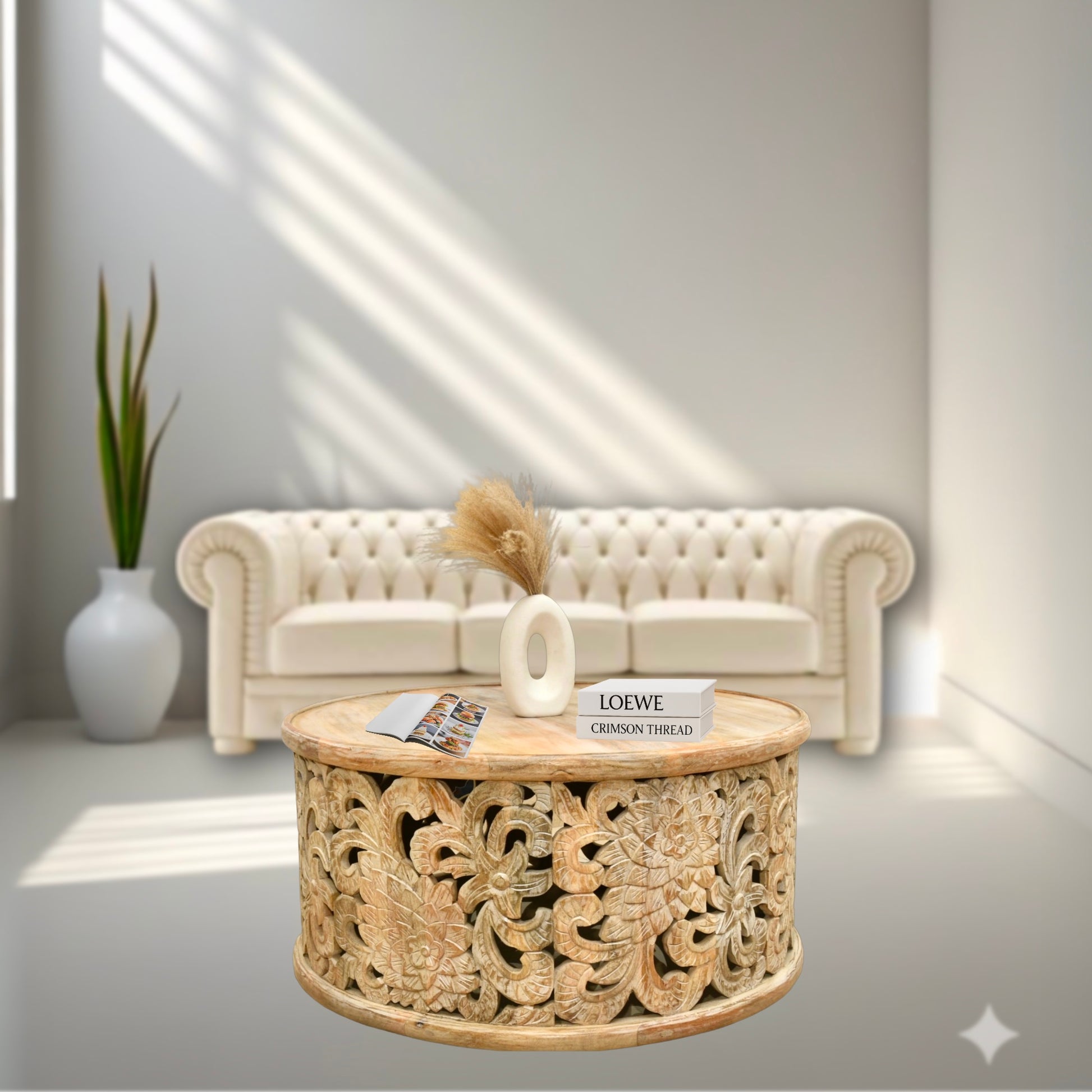 Solid Mango Wood Round Coffee Table – Natural Finish