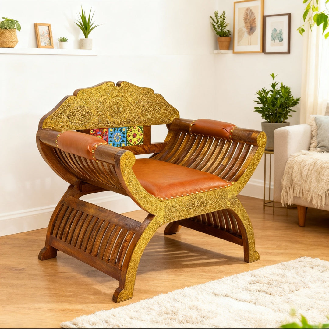 Handcrafted Royal Rosewood Armchair with Tile Work